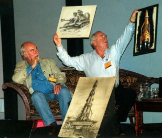 Ken Turner and Alan Perry showing Derek Meddings's original drawings